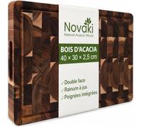 NOVAKI Planche à Découper en Bois d’Acacia 40x30 - Planche Cuisine Épaisse | Bois de bout, préserve le fil des couteaux, poignées intégrées, finition naturelle