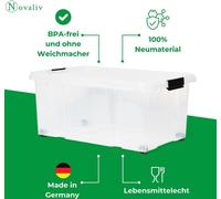 Novaliv 2x boîtes de rangement avec couvercle Grand 45L transparent Nestbar empilable avec fermeture à clip Boîtes à roulettes plastique BPA-free 61x40x26 cm