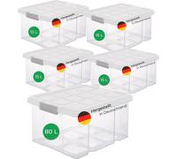 Novaliv 5 pcs. Set économique de boîtes de rangement avec couvercle transparent 1x80 L + 4x 15L empilables emboîtables fermeture à clip Boîtes à roulettes sans BPA