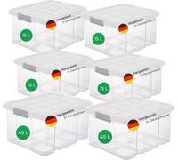 Novaliv 6 pcs. Set économique de boîtes de rangement avec couvercle transparent 2x45 L + 4x 15L empilables emboîtables fermeture à clip Boîtes à roulettes sans BPA