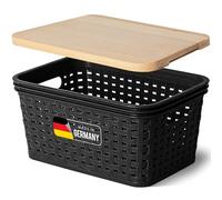 Novaliv Boîte de rangement avec couvercle en bois - Mini panier de 2 l - Noir - Design rotin - Panier de rangement alimentaire - Boîte empilable - En plastique - Sans BPA - Avec couvercle