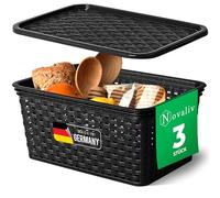 Novaliv Lot de 3 boîtes de rangement avec couvercle - 5 l - En plastique - Noir - Aspect rotin - Rangement et organisation de cuisine - Sans BPA - Pour sachets de thé, collations, épices