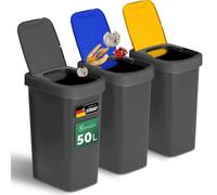 Novaliv Lot de 3 poubelles de tri sélectif avec couvercle basculant - 50 l - Pour tri des déchets de cuisine - Noir/bleu/jaune - Recyclage - Pour cuisine, maison, bureau