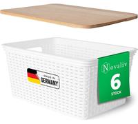 Novaliv Lot de 6 boîtes de rangement avec couvercle en bois Grand panier 14L Blanc en rotin Design alimentaire Panier de rangement Empilable Plastique sans BPA Caisses de rangement avec couvercle