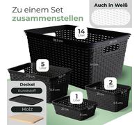 Novaliv Lot de 6 boîtes de rangement avec couvercle en bois Grand panier 14L Noir en rotin Design alimentaire Panier de rangement Empilable Plastique sans BPA Caisses de rangement avec couvercle