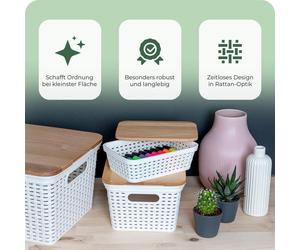 Novaliv Lot de 6 boîtes de rangement avec couvercle en bois Mini panier 1L blanc design rotin alimentaire Panier de rangement Emboîtable Plastique sans BPA Caisse de rangement avec couvercle