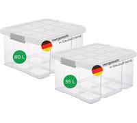 Novaliv Lot économique de 2 boîtes de rangement avec couvercle transparent 1x80 L + 1x 55L empilables emboîtables fermeture à clip Boîtes à roulettes sans BPA