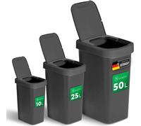 Novaliv Set de poubelles 10L + 25L + 50L, Poubelle avec couvercle 2en1, couvercle rabattable & couvercle basculant, Poubelle anti-odeur pour cuisine ménage bureau, Poubelle seau déchets plastique poub