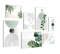Novart PRÊT À ÊTRE ACCROCHÉ - Tableaux Decoration Set Abstrait Personnages Feuilles Beige Blanc Grun - Salon Chambre Couloir XXL Collage - N034072a
