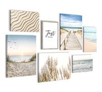 Novart- Tableau Décoration Murale- Plage et Mer- Decoration Chambre Salon- Prêt à être Accroché- 7 Cadres de 30x40 & 20x30 cm- Beige- N004871a
