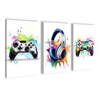 Novart Tableaux Console de jeux Gamer - PRÊT À ÊTRE ACCROCHÉ - Salle de jeux Garçons Adolescents decoration murale - 3 Parties Set Blanc - N038730a
