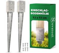 Novatool Lot de 2 douilles de sol à enfoncer 71 x 71 x 750 mm - Douille de sol pour parasol - Support de poteau - Poteaux en bois - Douille à enfoncer - Piquet à enfoncer - Galvanisé - Avec vis