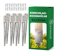 Novatool Lot de 8 douilles de sol à enfoncer 71 x 71 x 750 mm - Douille de sol pour parasol - Support de poteau - Poteaux en bois - Douille à enfoncer - Piquet à enfoncer - Galvanisé - Avec vis