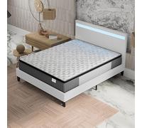 NOVEMBER- Ensemble Matelas + LIT (160x200cm)- Matelas Elekctra 30cm Ressorts ensachés & Mémoire de Forme+ Sommier tête de lit LED Stable & Robuste revêtement synthétique Blanc