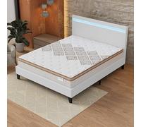 NOVEMBER- Ensemble Matelas + LIT (160x200cm)- Matelas Errakis 28cm Ressorts ensachés & Mousse HDensité + Sommier tête de lit LED Stable & Robuste revêtement synthétique Blanc