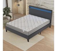 NOVEMBER- Ensemble Matelas + Sommier & tête de lit LED (160 x 200cm) - Matelas Latex Naturel d’épaisseur 16cm + Lit Stable & Robuste, revêtement synthétique Noir