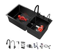 NOYHHAV 82CM Évier Cuisine 2 Bac Inox Noir Robinet Extractible Avec Égouttoir Distributeur De Savon