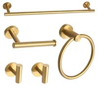 Ntipox Ensemble de 5 accessoires de salle de bain en acier inoxydable SUS304 doré brossé, 61 cm, porte-serviettes, kit d'accessoires de salle de bain doré à fixation murale