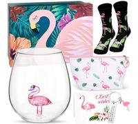 Nuenen 6 Pcs Coffret Cadeau de Flamant Rose pour Femme Comprenant Verre à Gin sans Pied Verre à Cocktail avec Flamant Rose à Intérieur Trousse de Maquillage Chaussettes Porte-Clés Carte de Vœux