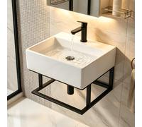 NUESTRA VIDA Lavabo Suspendu en céramique, Blanc, 33 x 29 x 11 cm, carré | Avec cadre en métal, trou de robinet latéral, montage mural, pour WC d'invités, sans robinet et bonde
