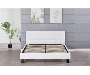 Nuit D'or Frederic - Solide et Confortable Lit avec Sommier + Tête de Lit Capitonnee Couleur Blanc + Pieds en 10 cm pour Matelas en 140x190-13 Lattes - revetement PVC Simili - Montage Rapide