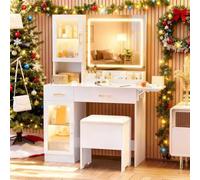 NUNU Lab Table à langer blanche avec miroir et lumières, ensemble de table à langer de maquillage avec étagère et tiroirs, table à langer pour chambre à coucher avec armoires RVB, tabouret coussin