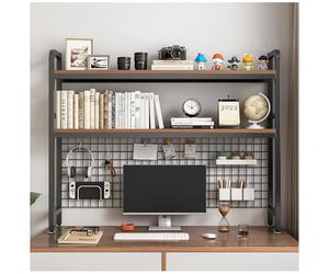 NUODWELL Bibliothèque de bureau à 2 étages en métal | Bibliothèque multifonction en bois avec panneau de grille, 95,2 cm, pour bureau, maison, dortoir (noir)