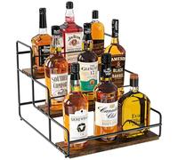 Nuovoware Présentoir Bouteilles Liqueur, Étagère Liqueur 3 Niveaux, Armoire Bar Acier Carbone avec Base en Bois Barre Retenue Whisky, Sirop Vin, Étagère à vin pour Comptoir Cuisine, Bar Café, Noir