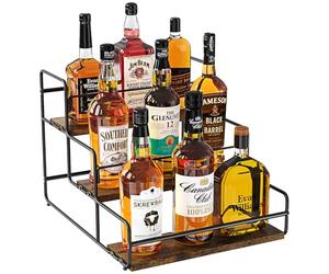 Nuovoware Présentoir Bouteilles Liqueur, Étagère Liqueur 3 Niveaux, Armoire Bar Acier Carbone avec Base en Bois Barre Retenue Whisky, Sirop Vin, Étagère à vin pour Comptoir Cuisine, Bar Café, Noir