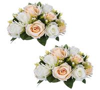 NUPTIO 2 Pièces Fleurs Artificielles, 15 Têtes de Roses Plastique avec Base, Convient au Centre de la Table Mariage Notre Magasin pour Les Fêtes Décoration de Saint Valentin(Champagne&Blanc)