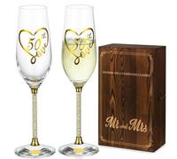 NUPTIO 50 Mariage Anniversaire Cadeau: Lot de 2 Doré Champagne Flute Coffret Bois Verre Cadeaux pour Couple Père et Femme