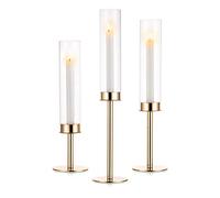 Nuptio Bougeoir Ouragan Or: Bougeoirs en Métal Et Verre Transparent pour Bougie Conique, Grand Bougeoir Ouvert, Abat-Jour Cylindrique, Décoration de Centre de Table pour Fête Mariage, Lot de 3