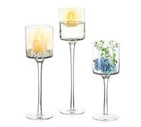 NUPTIO Bougeoirs en Verre Chauffe-Plat Grand: pour Bougies Flottantes | 3 Pièce Photophore en Verre à Pied Haut pourTealight pour Centre Table Décoration d'Intérieur Mariage Maison Noël