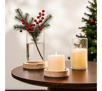 NUPTIO Photophore en Verre Bougeoir en Bois : Set De 2 Verres Photophores Cylindre en Verre avec Fond Vase Grande Bougie À Réchaud Bougeoir De Table Décoration De Table Noël Mariage Outdoor