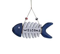 NUSITOU Décoration Murale Suspendue en Bois Bleu Style Méditerranéen, Squelette de Poisson Sculpté la Main, pour Décoration de Café ou Boutique Plage
