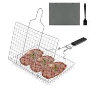 NUTKIT Panier Grille pour Barbecue,Panier de Barbecue en Acier Inoxydable,panier grill portable carré,panier à rôtir à poisson avec Poignée Amovible,Brosse et Sac de Rangement,pour Légumes(30*22*3CM)