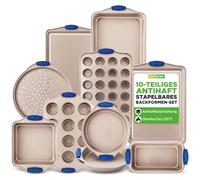 NutriChef Backset, coffret de 10 pièces, finition dorée, avec poignées en silicone bleu : plaque de cuisson, moule à pain
