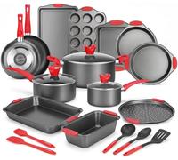 NutriChef Batterie de Cuisine 21 Pièces Antiadhésive - Casseroles Poêles Moules Ronds Carrés Pain Muffins Plaque Pizza Plaque Biscuits Ustensiles Silicone