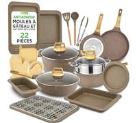 NutriChef Batterie de Cuisine 22 Pièces Marbre Marron - Casseroles et Poêles Antiadhésives, Compatible Induction, Ustensiles Résistants à la Chaleur - Collection Pro