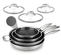 Nutrichef Batterie de Cuisine 7 Pièces - Poêles Inox avec Revêtement Antiadhésif Dakin, Petites Moyennes Grandes Poêles avec Couvercles, Compatibles Tous Feux