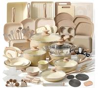 NutriChef Batterie de Cuisine 75 Pièces - Casseroles Antiadhésives, Ustensiles, Couteaux & Accessoires - Anti-Taches, Sécurité Alimentaire - Crème/Marron