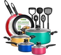 NutriChef Batterie de Cuisine Antiadhésive de 15 pieces Sans PFOA/PFOS, Revêtement Résistant à la Chaleur et Coloré avec Casserole, Poêles à frire, Faitout, Couvercles, 5 Ustensile