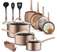 NutriChef Batterie de Cuisine Antiadhésive, Poele et Casserole Induction, Comprenant Casseroles, Poêles, Cocotte, Couvercles et Ustensiles de Cuisine, 14 Pièces, Doré Brillant