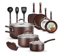 NutriChef Batterie de Cuisine Antiadhésive, Poele et Casserole Induction, Comprenant Casseroles, Poêles, Cocotte, Couvercles et Ustensiles de Cuisine, Marron, 14 Pcs