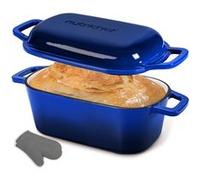 NutriChef Casserole à pain ovale en fonte émaillée - 25,4 cm - avec couvercle, gants en silicone - Bleu Bleu