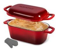 NutriChef Casserole à pain ovale en fonte émaillée - 25,4 cm - avec couvercle, gants en silicone - Rouge Rouge