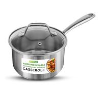 NutriChef - Casserole Inox 2L avec Couvercle - Casserole Haute Qualité Tous Feux Dont Induction, Poignées Ergonomiques, Acier Inoxydable Résistant, Argenté