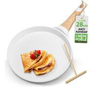 NutriChef Crêpière Antiadhésive 28 cm - Revêtement Marbre, Manche Bois | Poêle à crêpes induction avec répartiteur bois, facile à nettoyer, tous feux, résistante aux rayures
