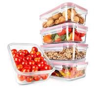 Nutrichef Ensemble de 10 Contenants Alimentaires en Verre Supérieur (5 Contenants + 5 Couvercles Hermétiques), Design Empilable pour Préparation de Repas, Couvercles Transparents - Rouge