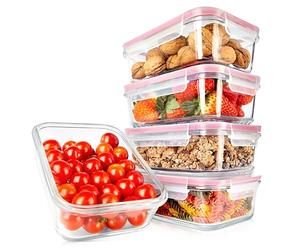 Nutrichef Ensemble de 10 Contenants Alimentaires en Verre Supérieur (5 Contenants + 5 Couvercles Hermétiques), Design Empilable pour Préparation de Repas, Couvercles Transparents - Rouge